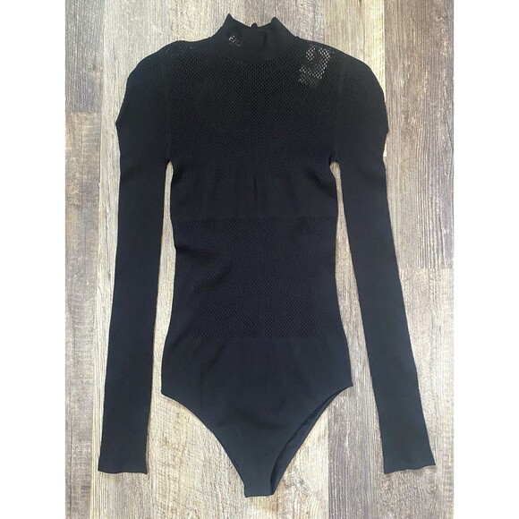 Fendi Black Mesh Mock Neck Logo Bodysuit Women’s Medium Tech Knit Italy FF - Picture 2 of 16